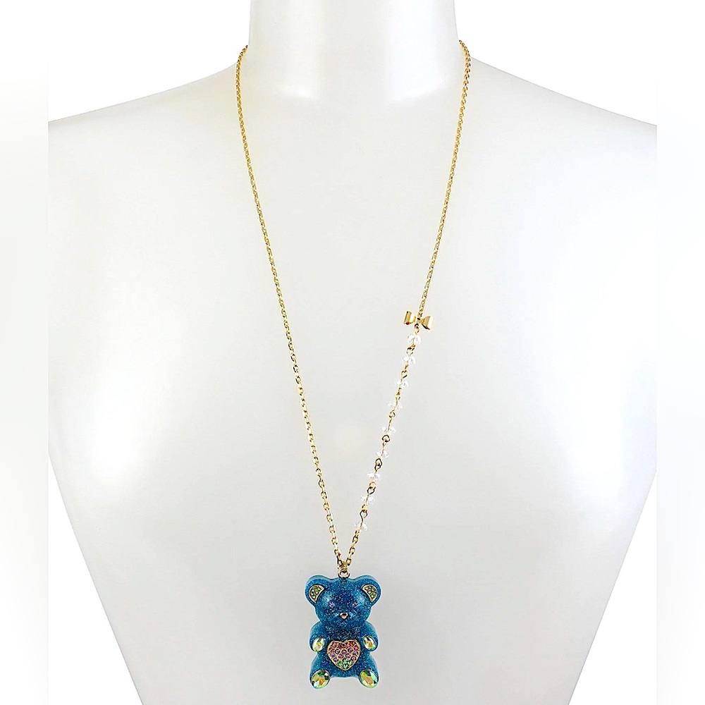 Betsey Johnson Blue Glitter & Rhinestone Heart Gummy Bear Long Pendant Necklace